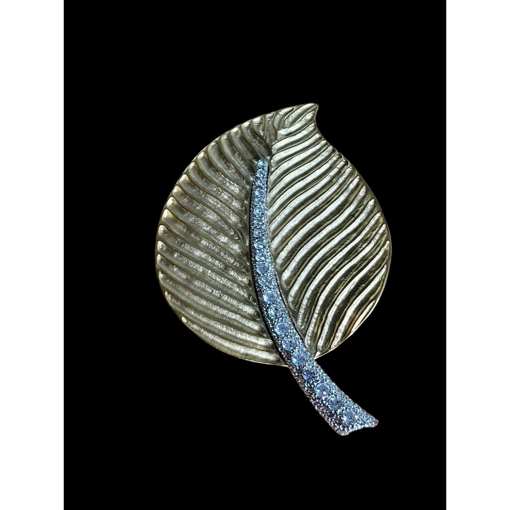 Vintage Kenneth Jay Lane KJL Leaf Brooch Pin Gold-Tone Rhinestone 3.5"